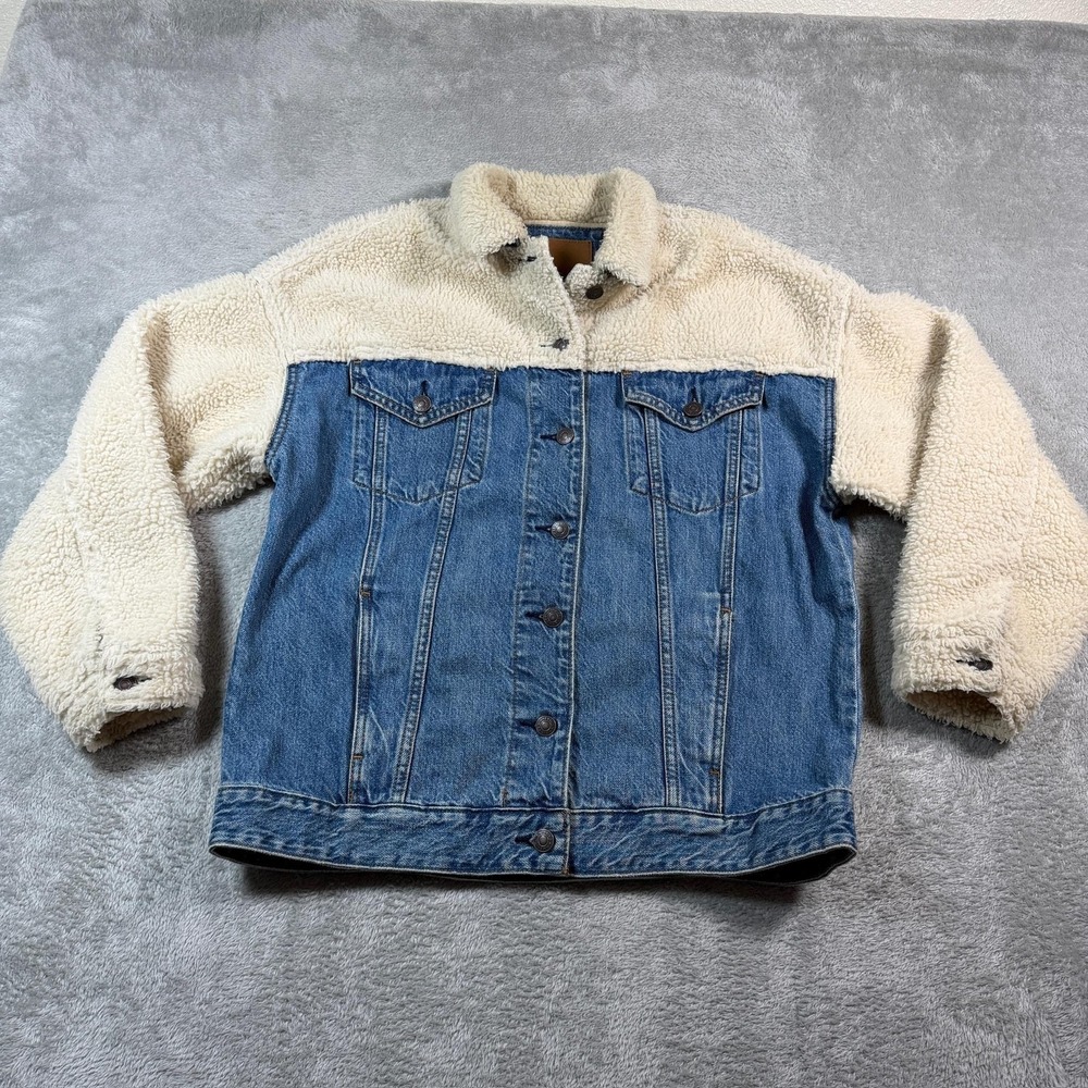 American Eagle Jeans Jacket Womens Small Blue Sherpa Lined Denim Collared Button
